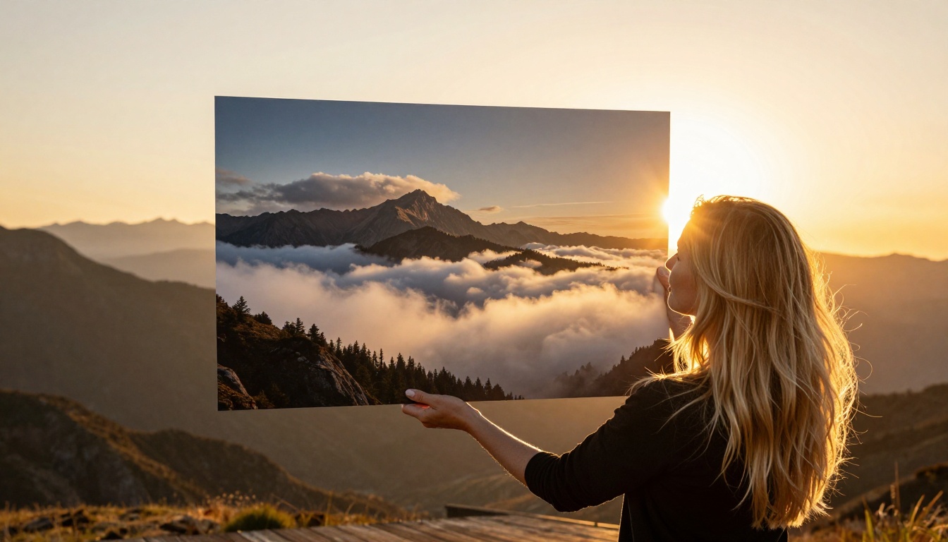 Dramatic low-angle shot of woman holding large landscape photograph against golden hour window light with backlit silhouette