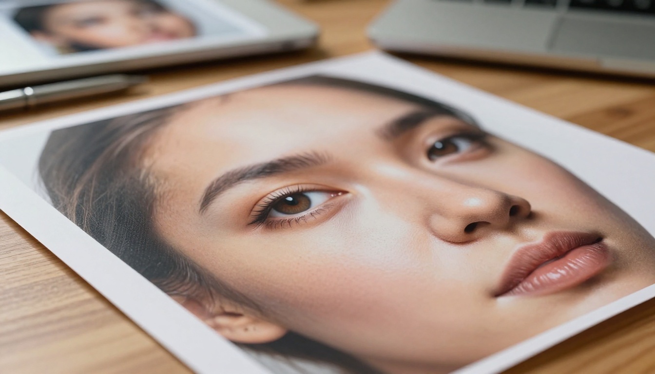Close-up macro shot of printed photorealistic AI portrait photograph on wooden desk with laptop screen in background bokeh