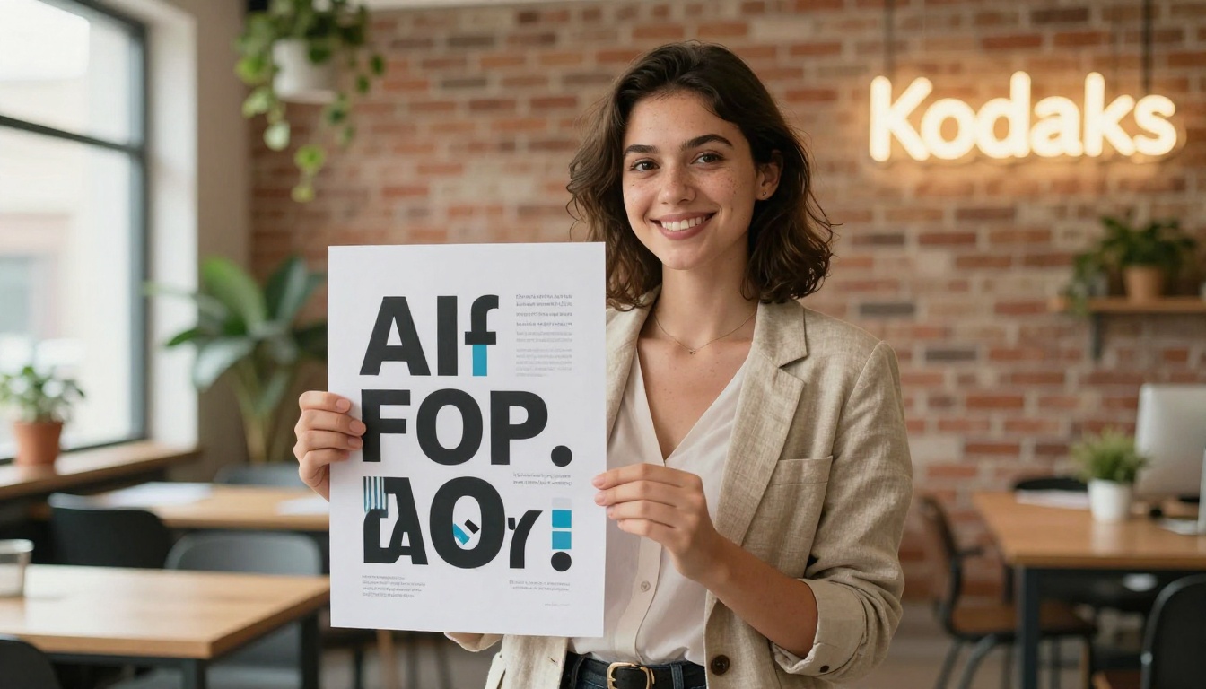 Creative professional holding up printed AI-generated poster with bold readable text in bright studio space