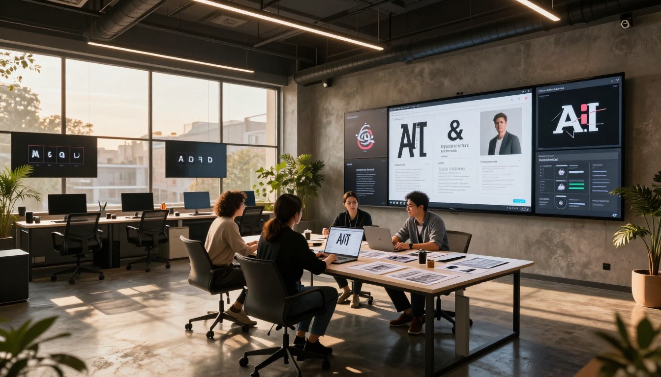 Creative agency with multiple screens showing typography tests and brand identity mockups during team review