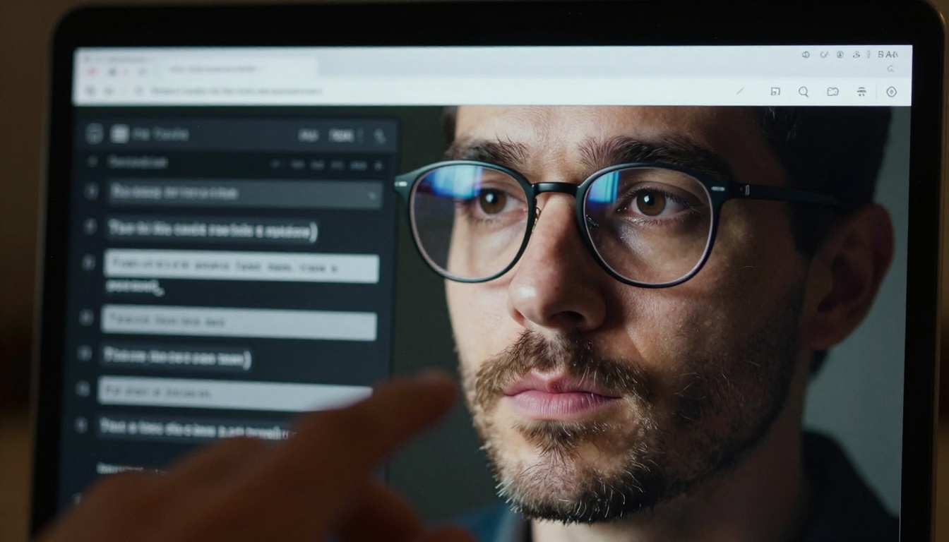 Developer at laptop late at night with screen glow illuminating face while working with AI generation interface