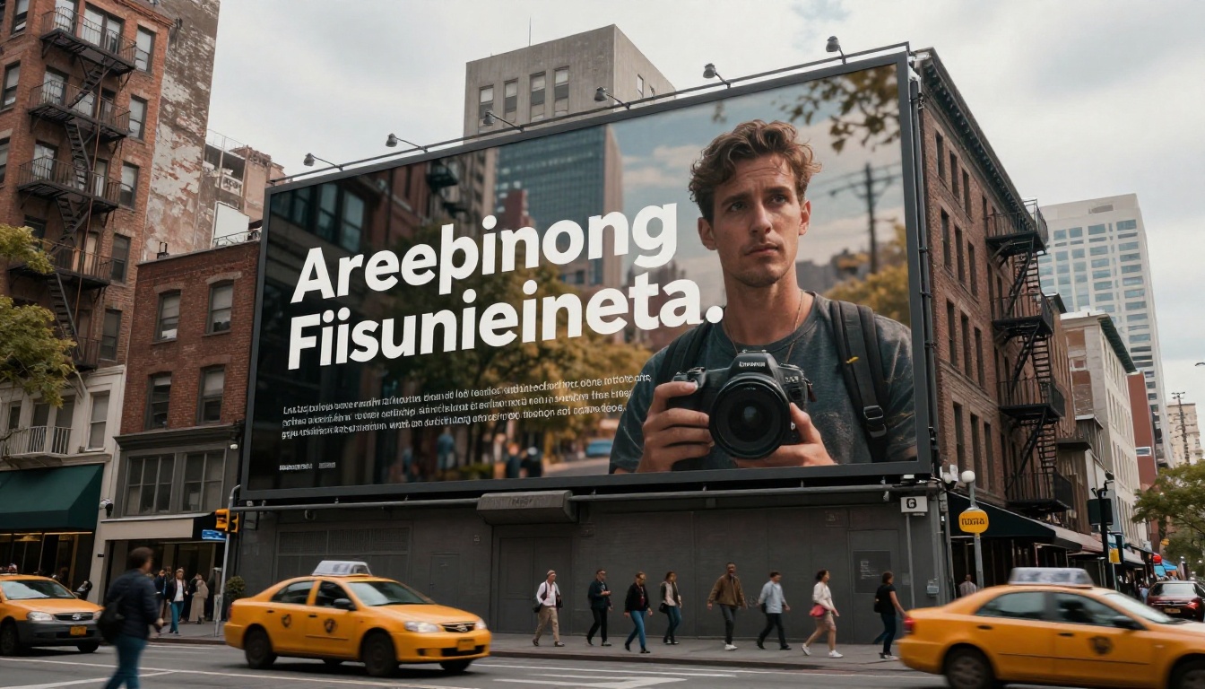 Low-angle view looking up at a massive outdoor billboard with AI-generated advertisement on urban building facade