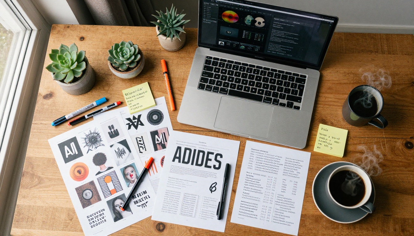 Designer workspace flat-lay with scattered AI text-image test prints, MacBook, and coffee on wooden desk