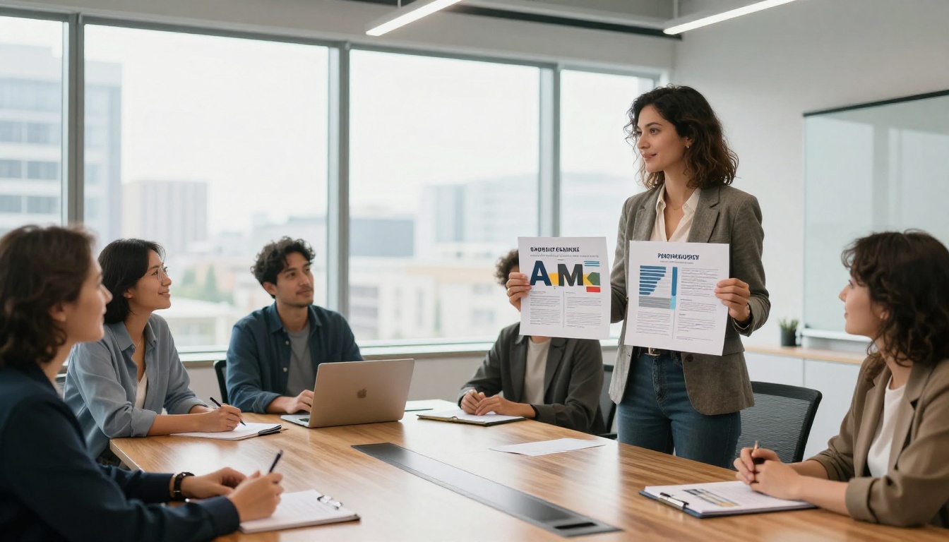 Professional woman presenting two AI-generated poster variations during brand strategy meeting in modern office