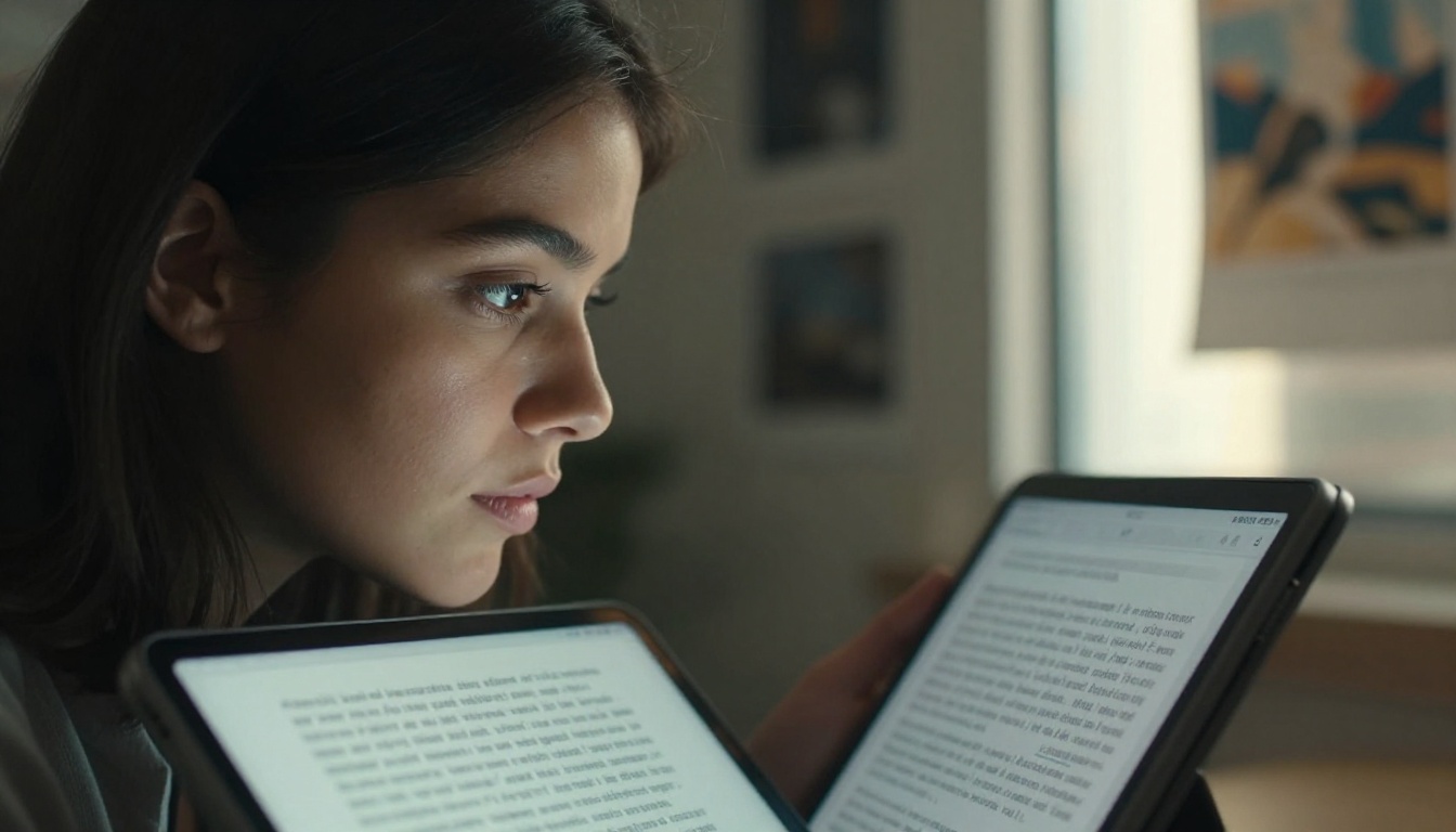 Young woman with dark hair looking at tablet screen showing AI text art in softly lit creative studio