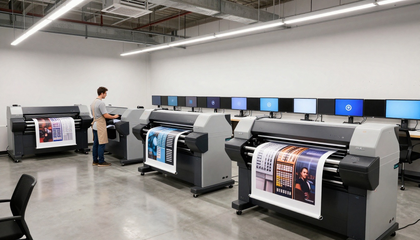 Professional photo printing studio with large format printers outputting AI-generated text-image compositions on wide rolls