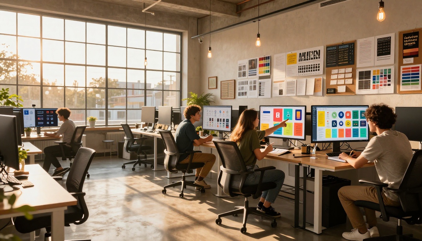 A team of designers reviewing vector brand identity systems on large monitors in a warm creative office