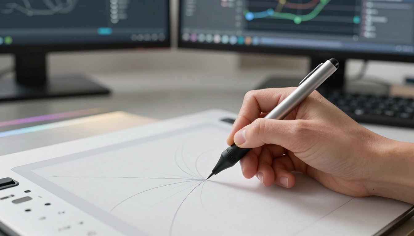 A woman drawing smooth bezier curves on a professional drawing tablet, dual monitors showing vector paths in the background