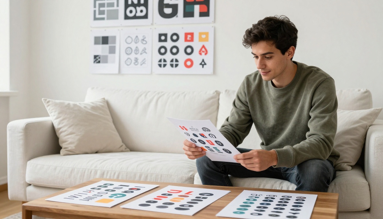A young art director reviewing printed brand identity sheets on a teak coffee table in a minimalist home studio