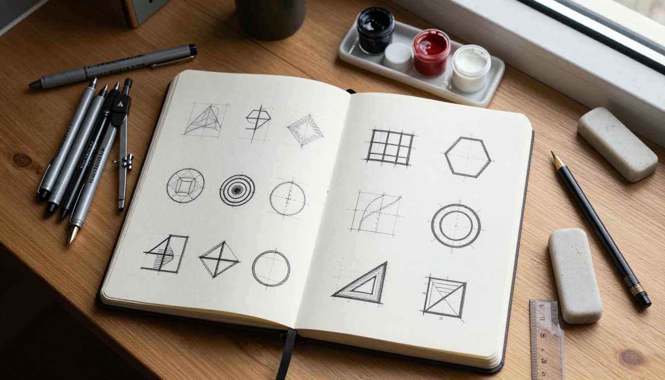 Aerial top-down shot of a sketchbook with hand-drawn vector icon sketches, surrounded by technical pens, a compass, and rulers
