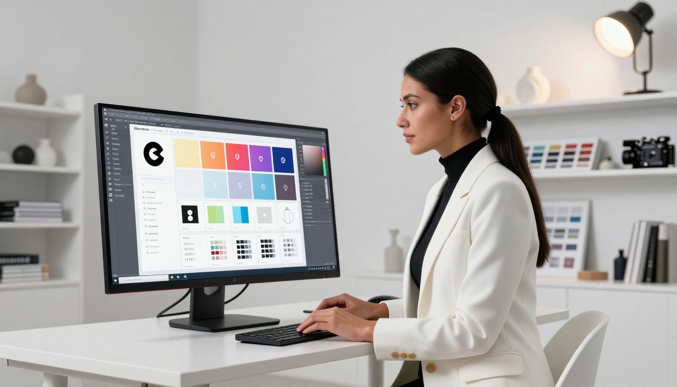 A woman designer in a white blazer studying a vector brand system on a wide monitor in a minimalist white studio