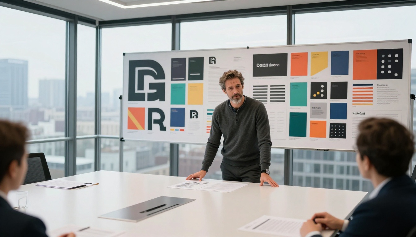 A creative director presenting vector brand identity boards on easels in a glass-walled conference room with city skyline behind