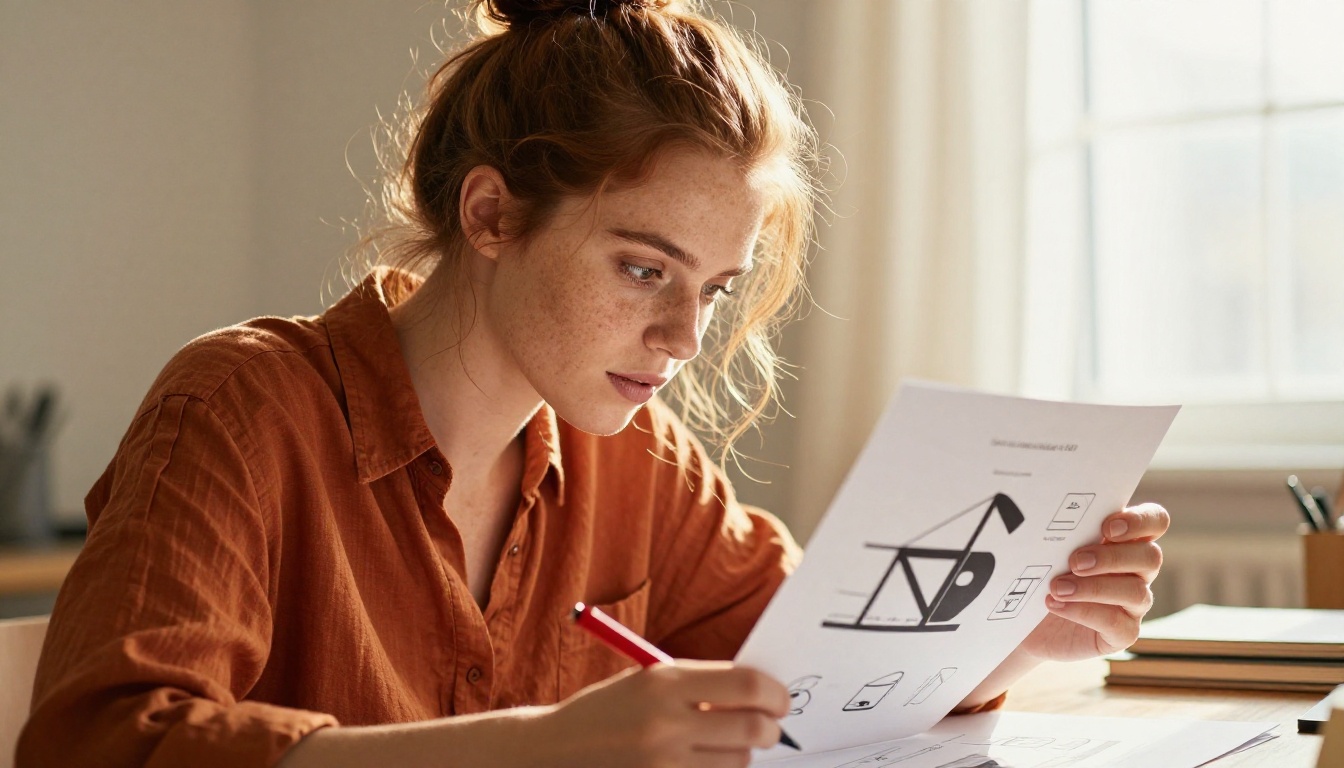 A close-up portrait of a designer examining a printed vector icon sheet with a red annotation pen, warm afternoon backlight through linen curtains