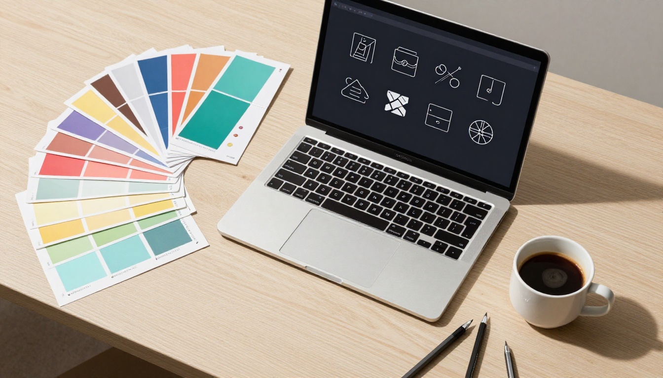 A flat-lay of a designer's workspace with a laptop showing SVG wireframes, surrounded by Pantone guides, espresso, and design books on pale ash wood