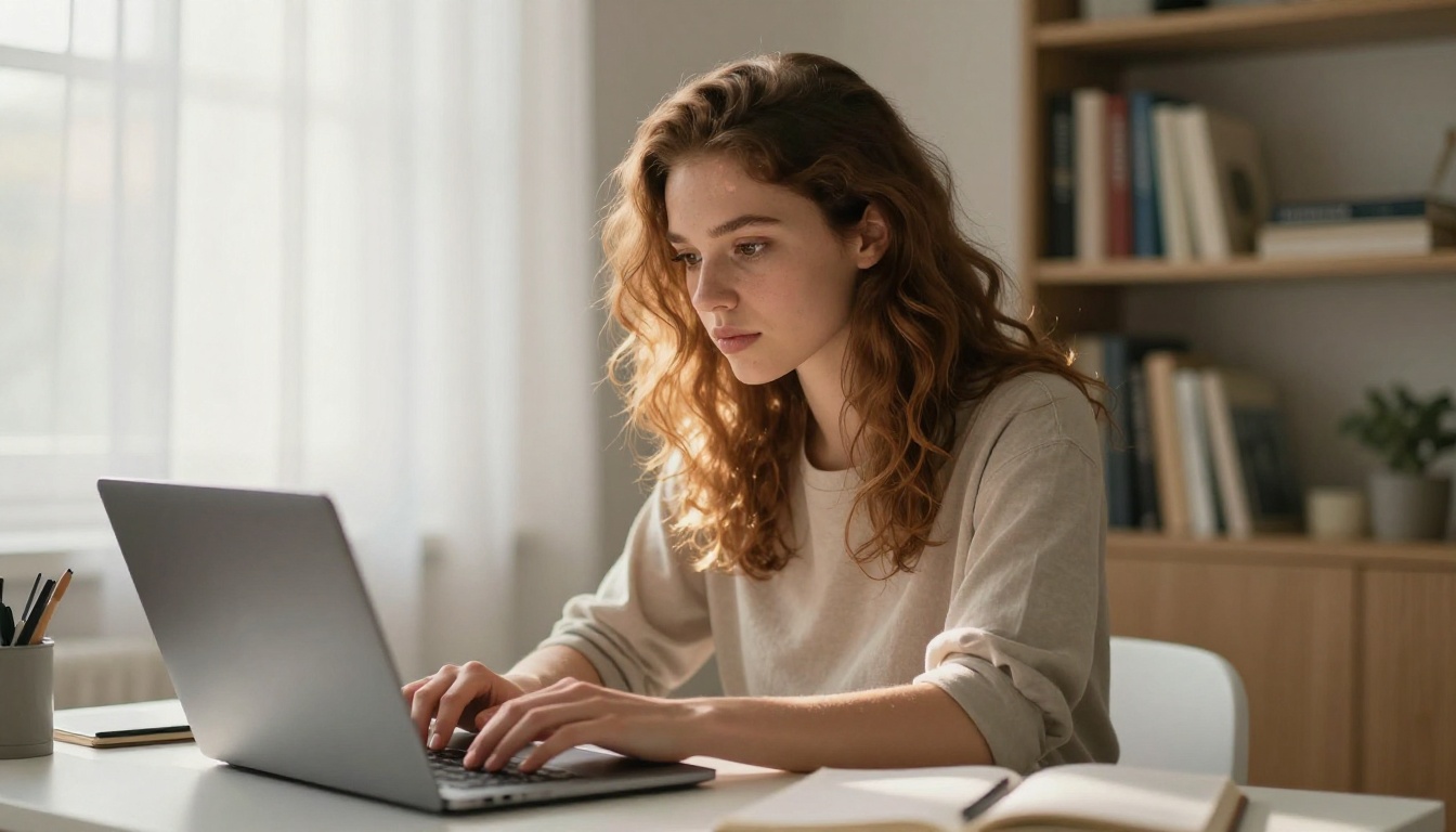 A content creator working at a minimalist white desk, generating AI images on a laptop with soft morning daylight