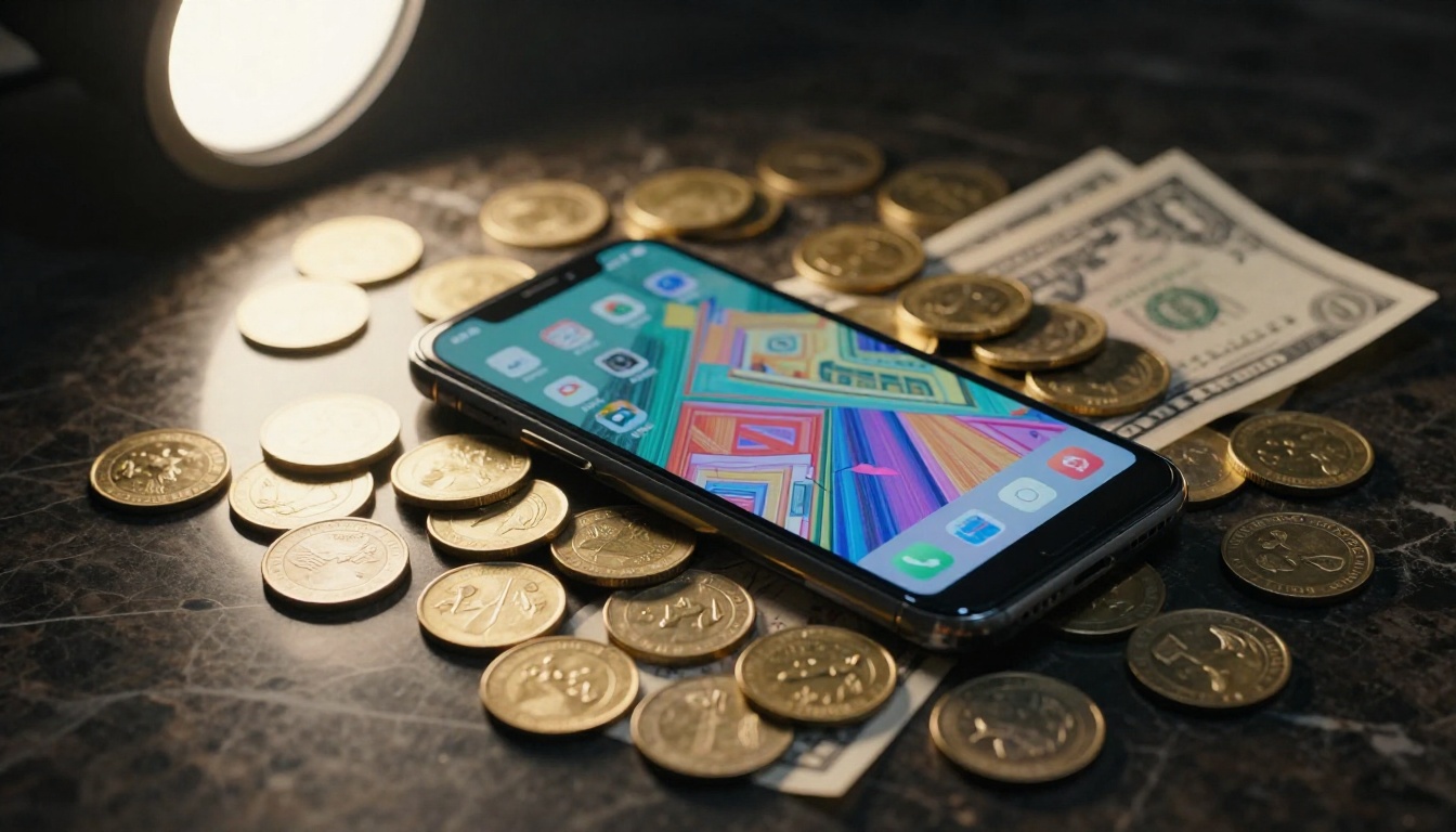 Golden coins and dollar bills on a marble surface with a smartphone displaying colorful AI-generated artwork