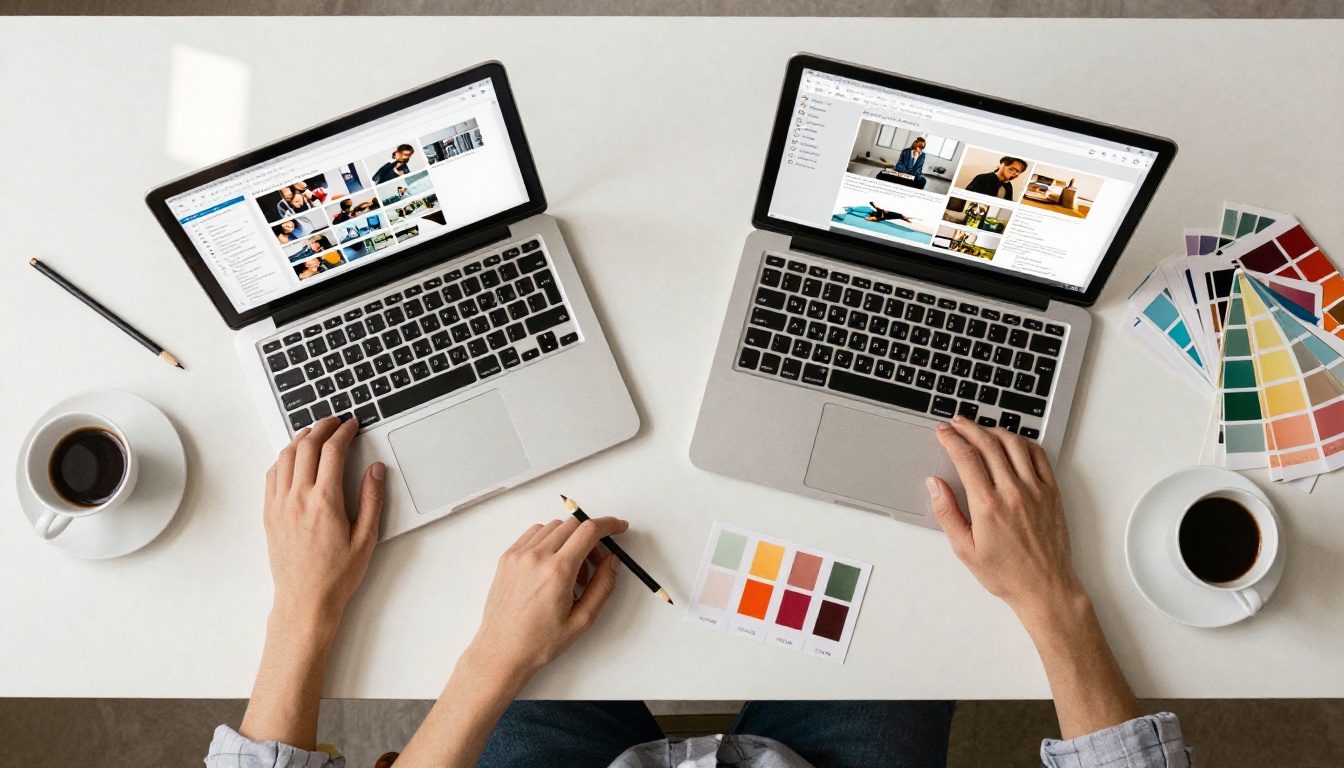 Aerial top-down view of a creative designer's workspace with two laptops showing different AI image outputs side by side