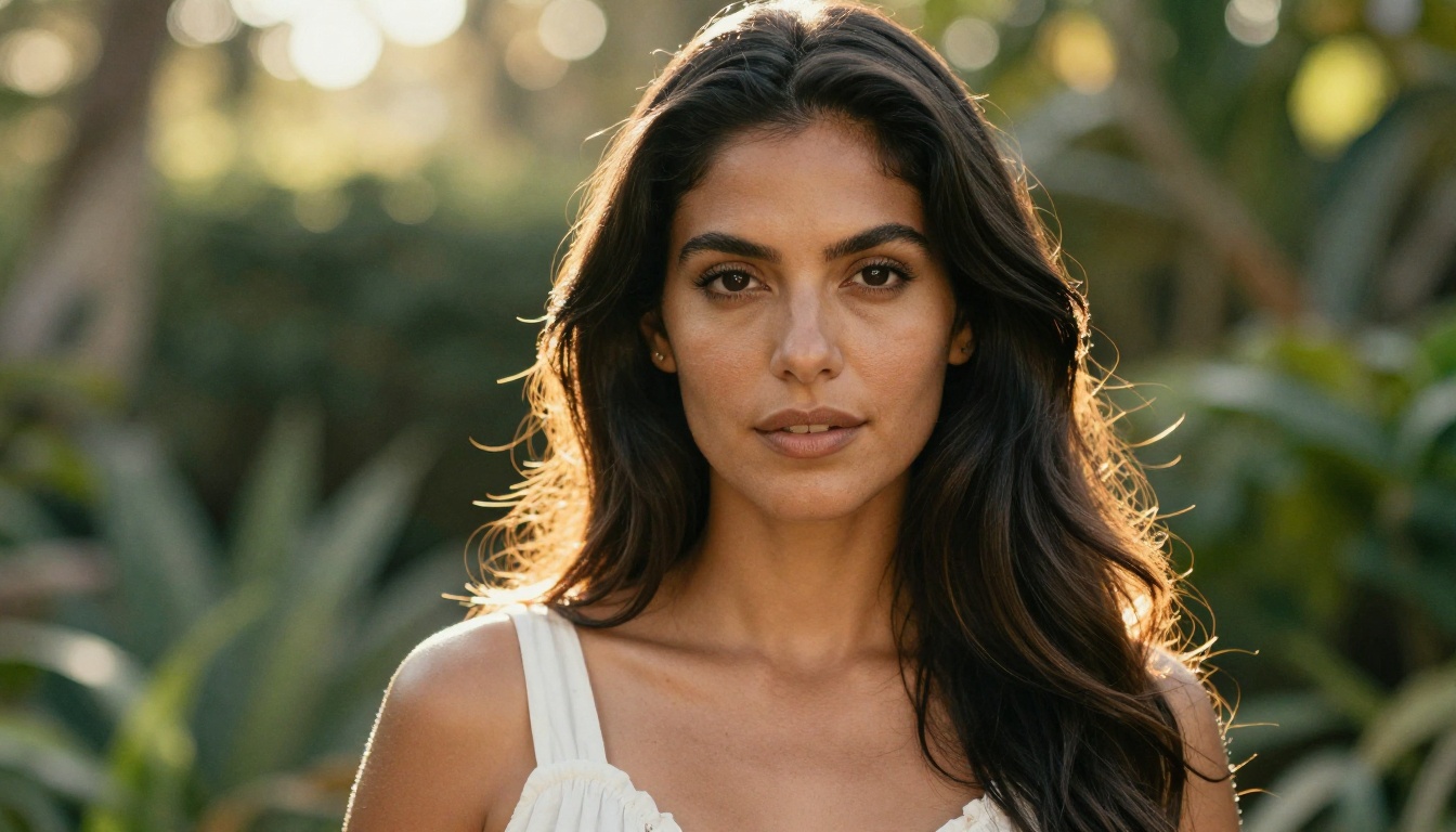 A confident woman with long dark hair in a white sundress standing in a sunlit botanical garden, photorealistic portrait