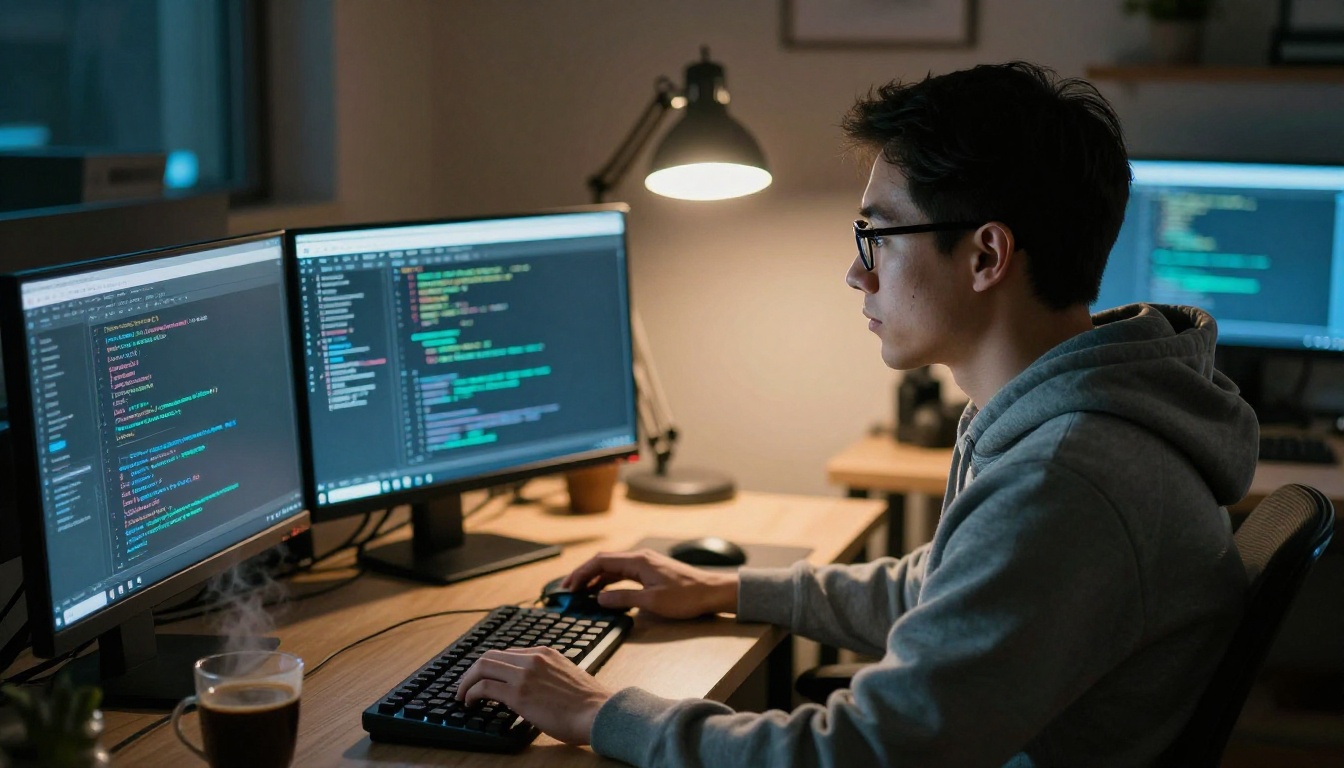 A software developer working late at night with multiple monitors glowing with code editors and terminal windows