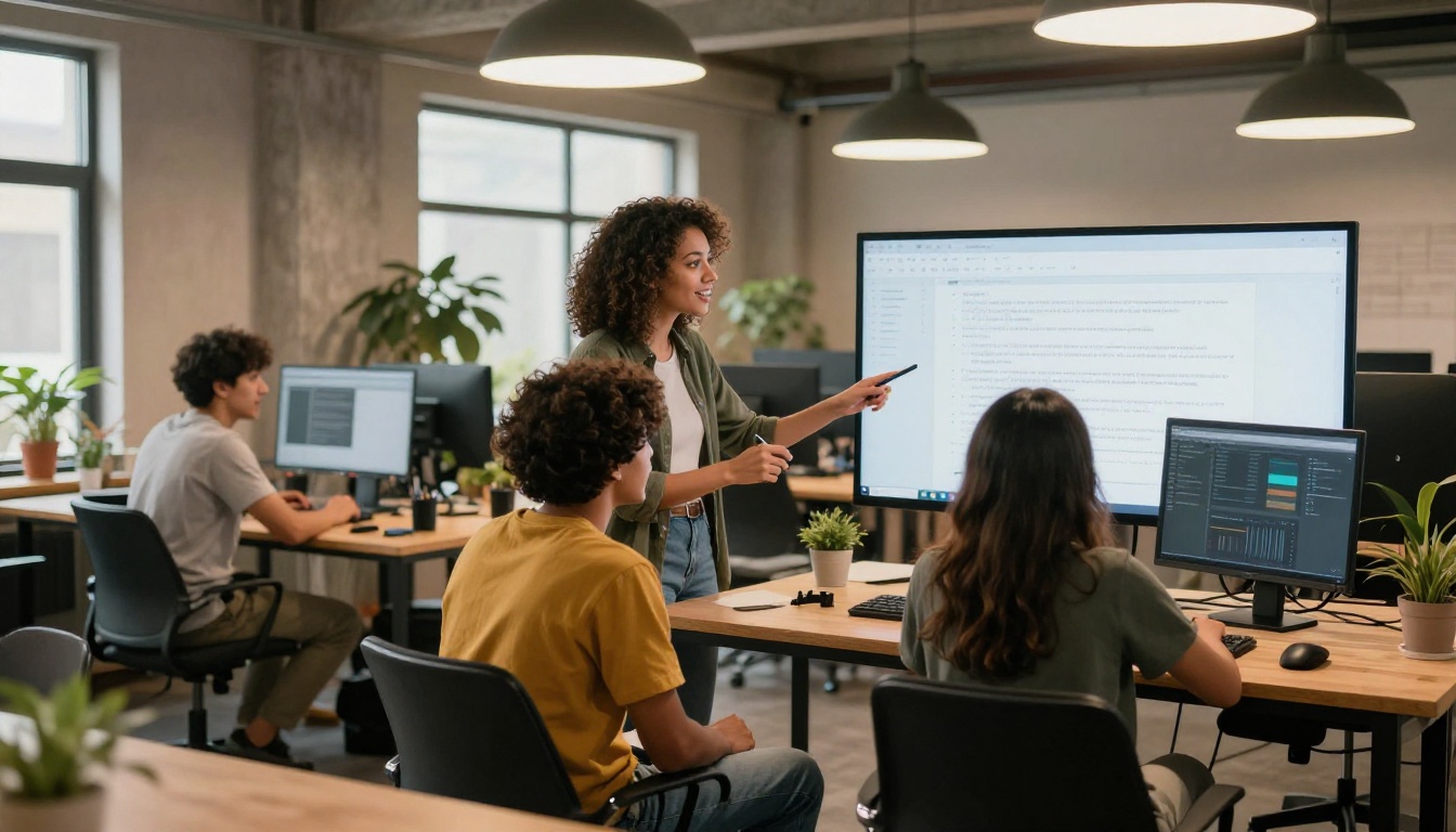A diverse team of three young content creators collaborating around a large monitor in a bright modern co-working space