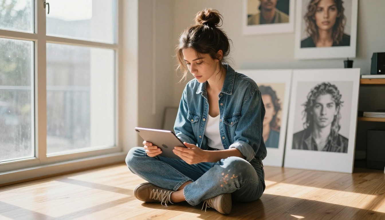A female graphic designer scrolling through a gallery of AI-generated portrait images on an iPad Pro in a sunlit studio