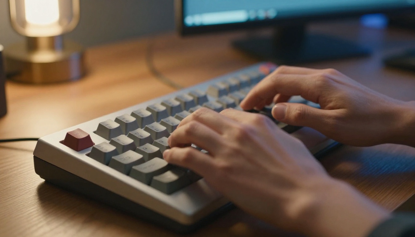 Close-up of hands typing on a mechanical keyboard with warm desk lamp light, a high-resolution AI image visible on the monitor behind