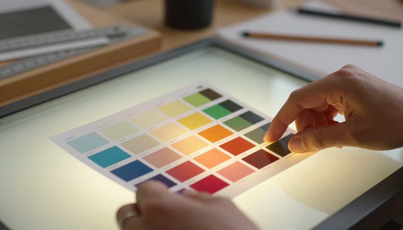 Designer's hands holding a printed color swatch booklet over a light table