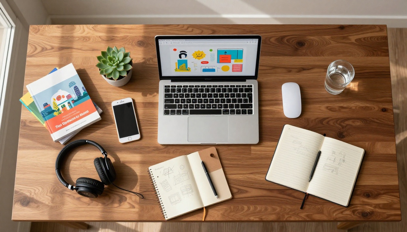 Aerial flat lay of a designer's desk with MacBook, sketchbook, and design tools