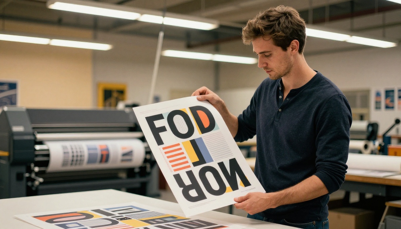 Male designer holding a freshly printed poster in a large format print studio