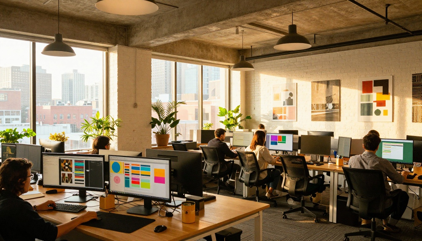 Wide shot of a modern open-plan design agency with designers working at large monitors