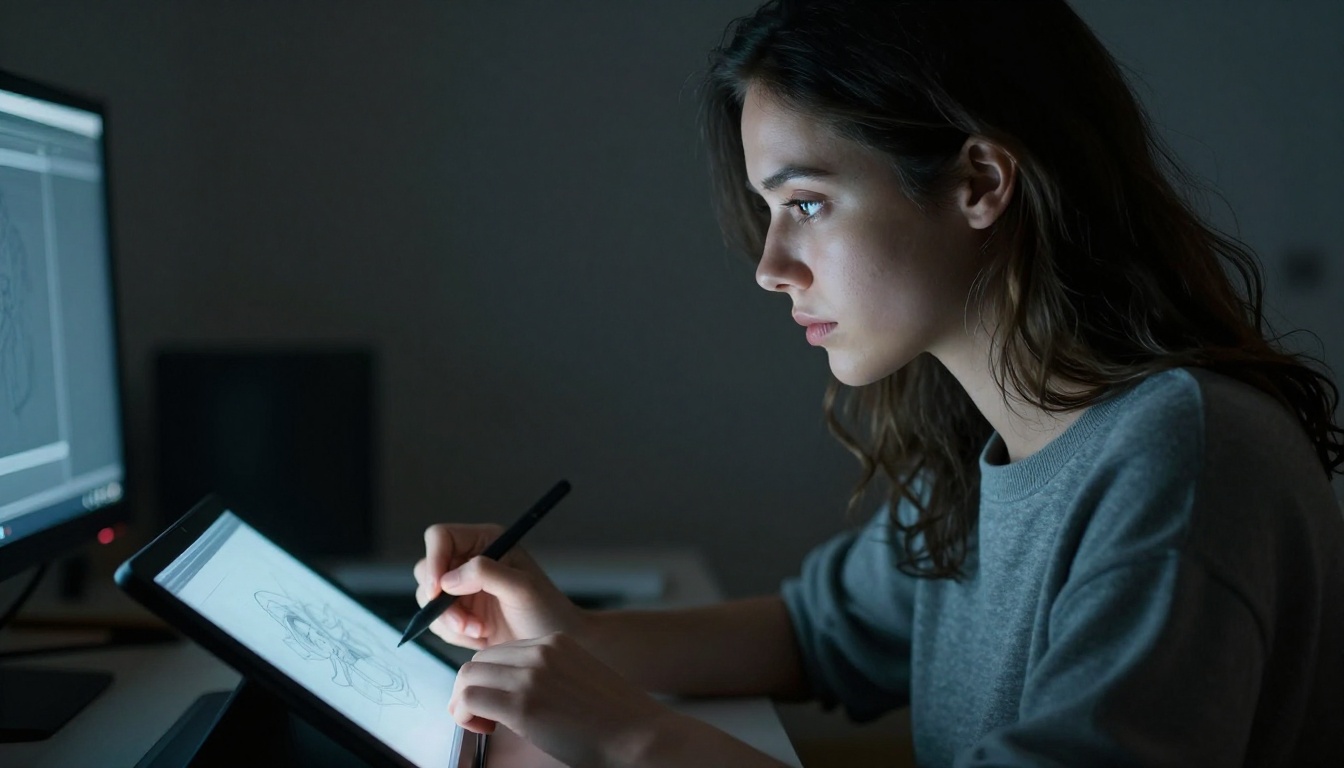 Side profile of a woman at a drawing tablet, face lit by monitor glow in a dark room
