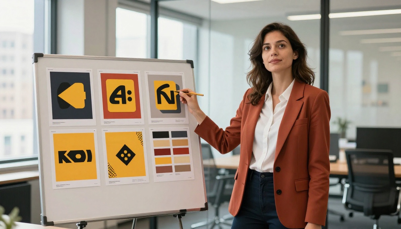 Creative director presenting large brand identity boards in a modern conference room