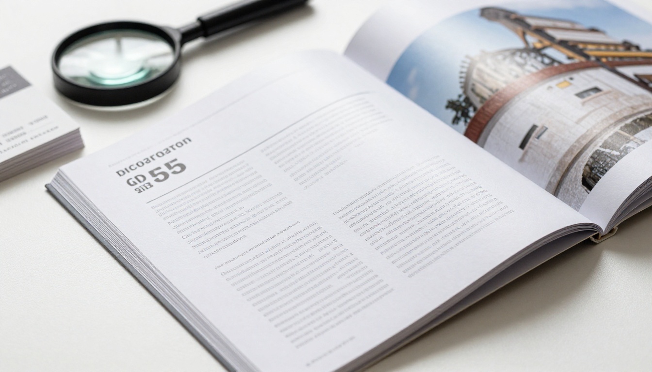 Close-up of a high-end printed brochure on a white studio table with a loop magnifier