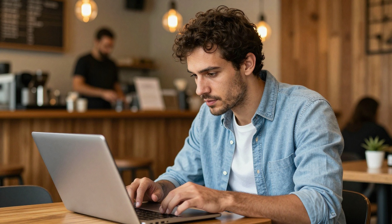 Focused male designer working on a laptop in a warm, wood-paneled coffee shop