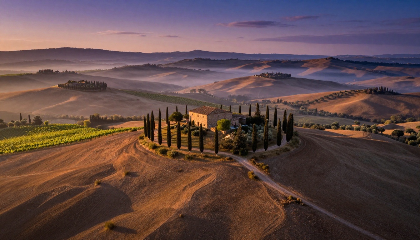Breathtaking aerial view of rolling Tuscan hills at golden hour showcasing Midjourney v8's improved terrain detail, atmospheric depth, and photographic color rendering
