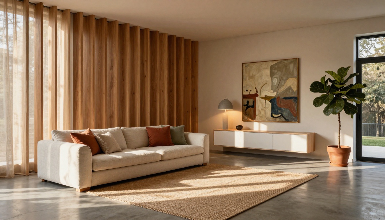 Minimalist Scandinavian living room with dramatic afternoon shadow patterns on concrete floor showing Midjourney v8's improved architectural and interior photorealism