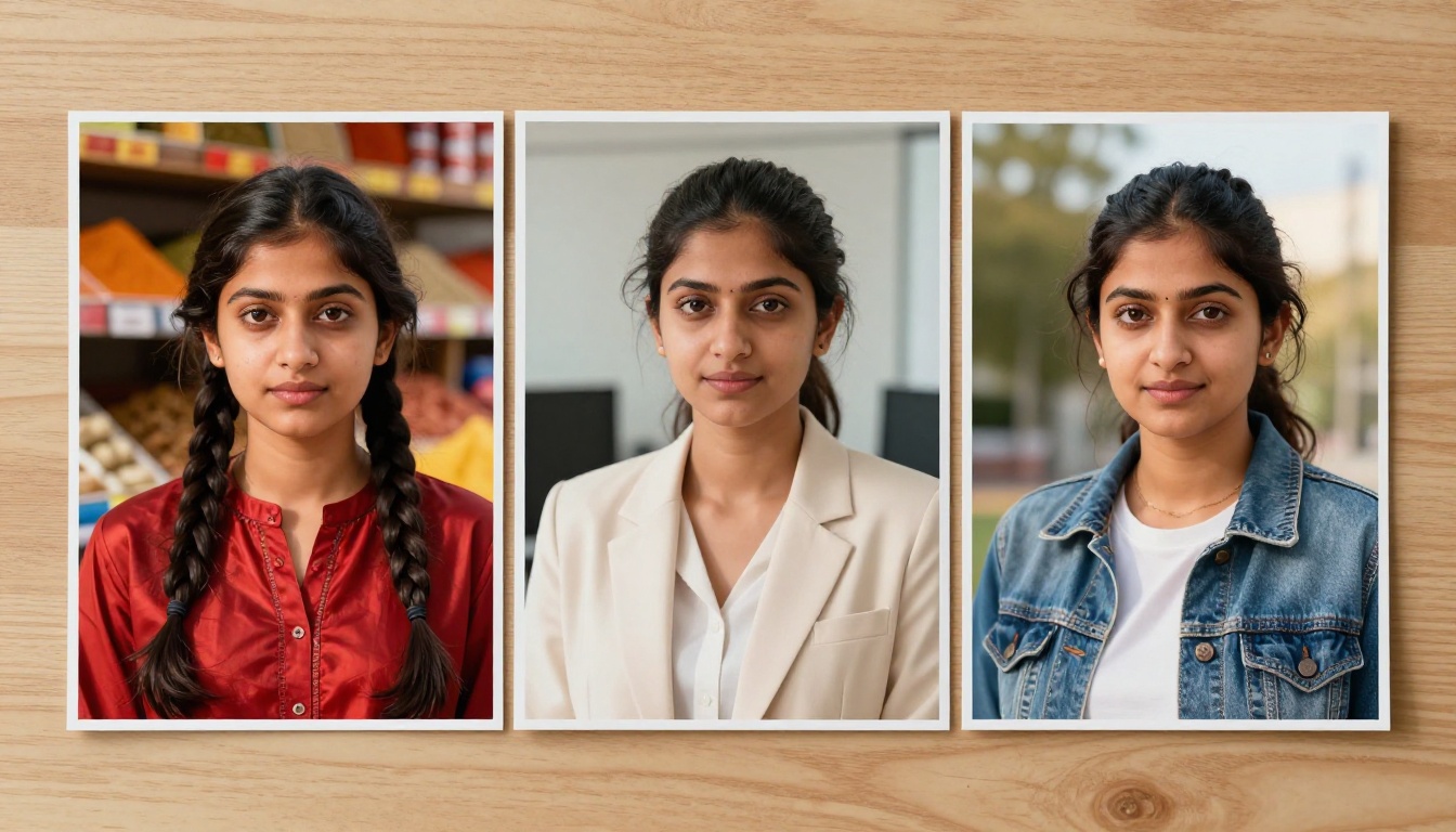 Three printed portrait photographs of the same woman in different settings demonstrating Midjourney v8 character consistency across varied scenes and outfits