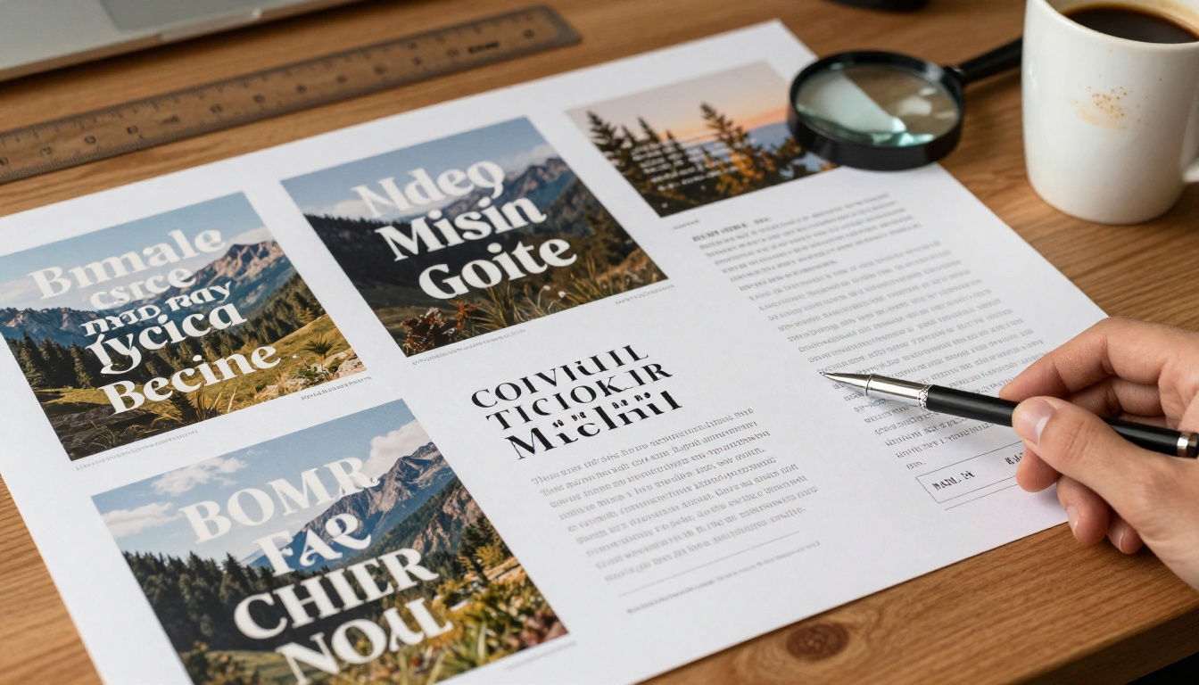 Graphic designer's desk with printed typography samples showing clear legible letterforms embedded in photorealistic scenes, demonstrating Midjourney v8's text rendering capability