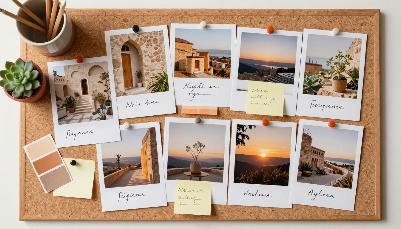 Creative mood board with printed photographs, style references, and handwritten notes illustrating the visual direction planning process for AI-generated content campaigns