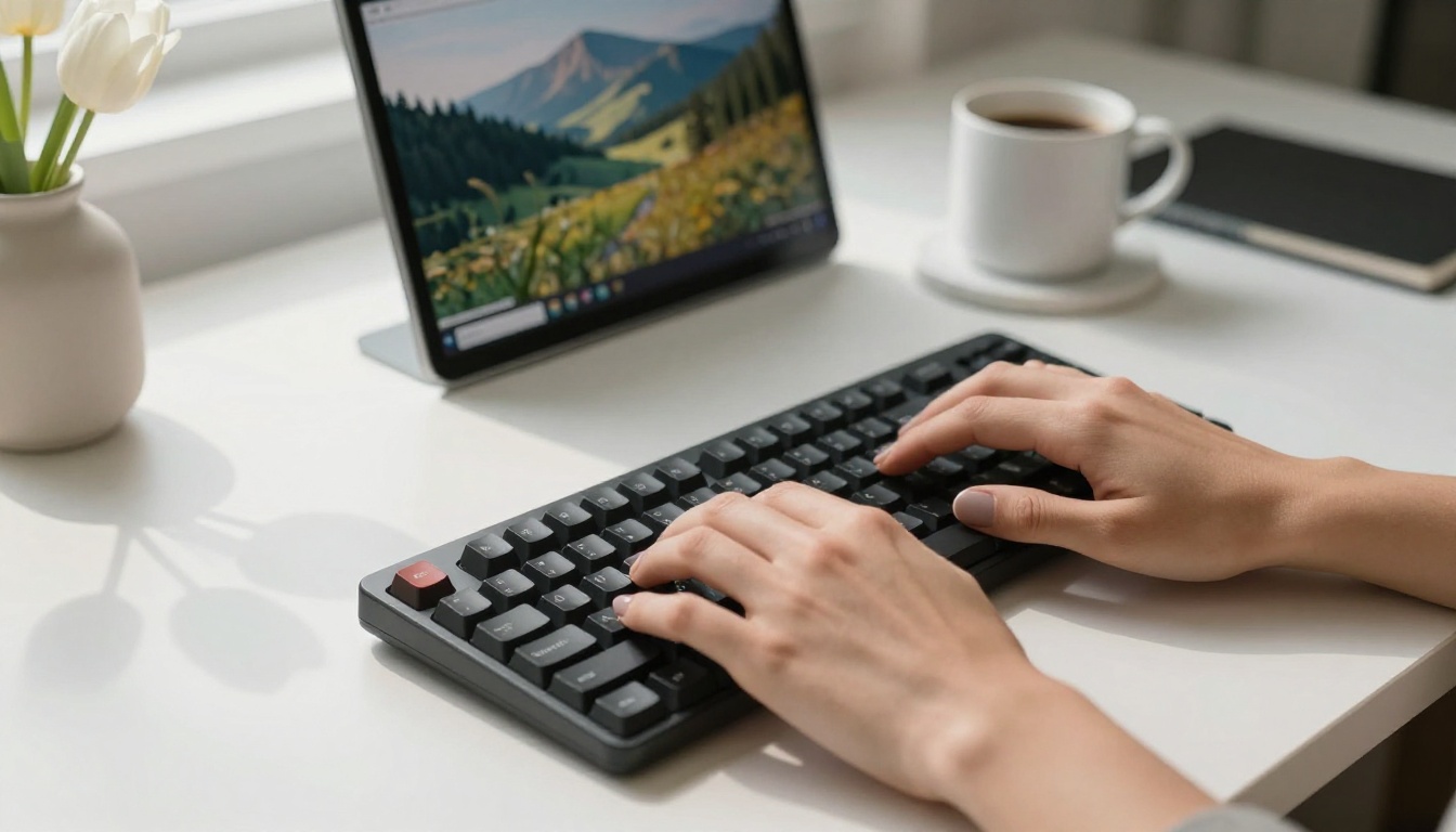 Hands typing on a mechanical keyboard with an AI image generation interface visible on screen representing the accessible creative workflow available through modern AI image platforms