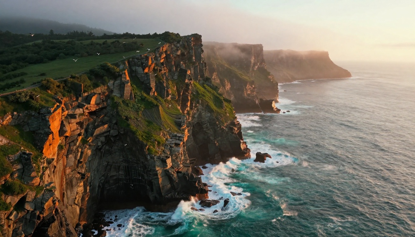 Aerial coastal cliff at sunrise with accurate atmospheric perspective and natural light physics