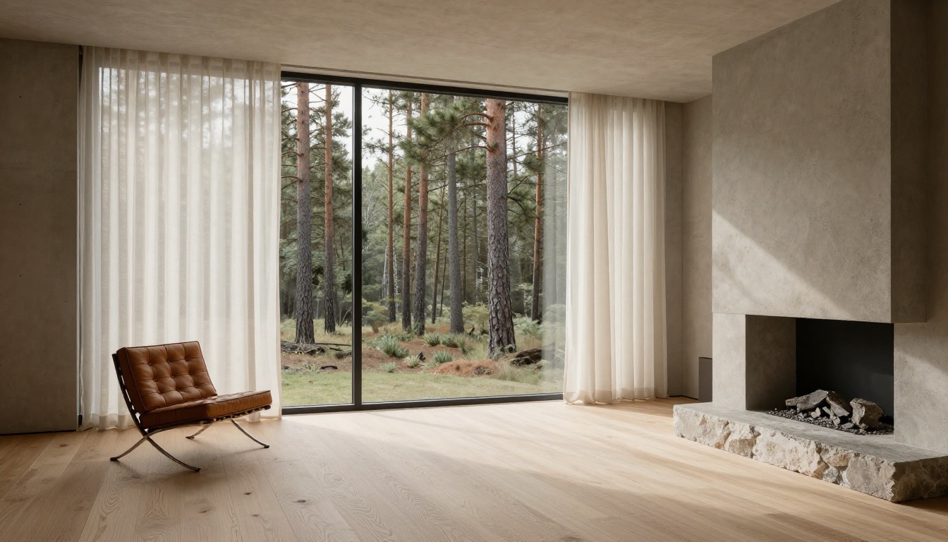Minimalist luxury interior showing accurate concrete, cognac leather, and white oak material rendering