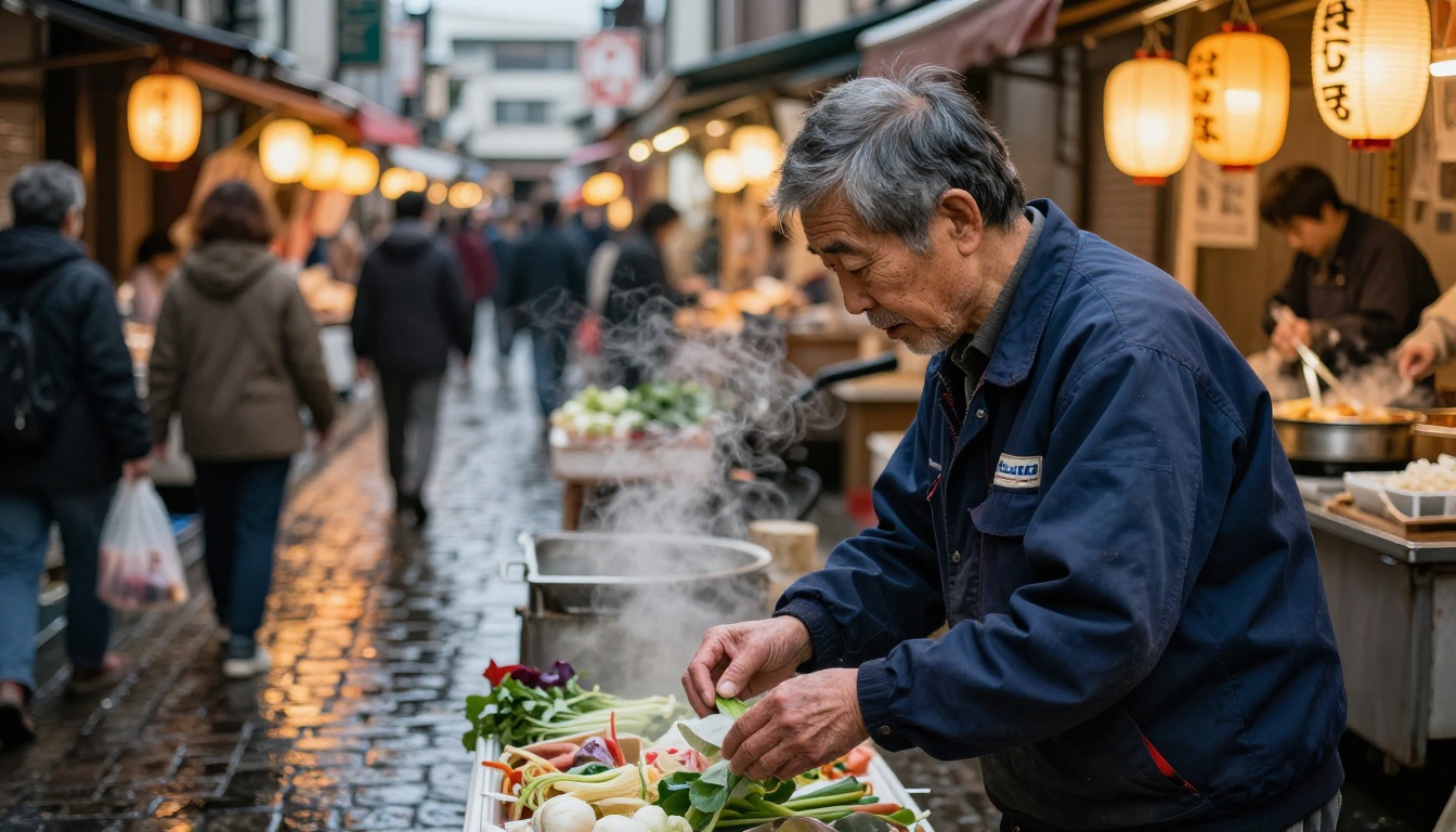 Tokyo covered market alley at dusk with accurate available-light documentary photography style