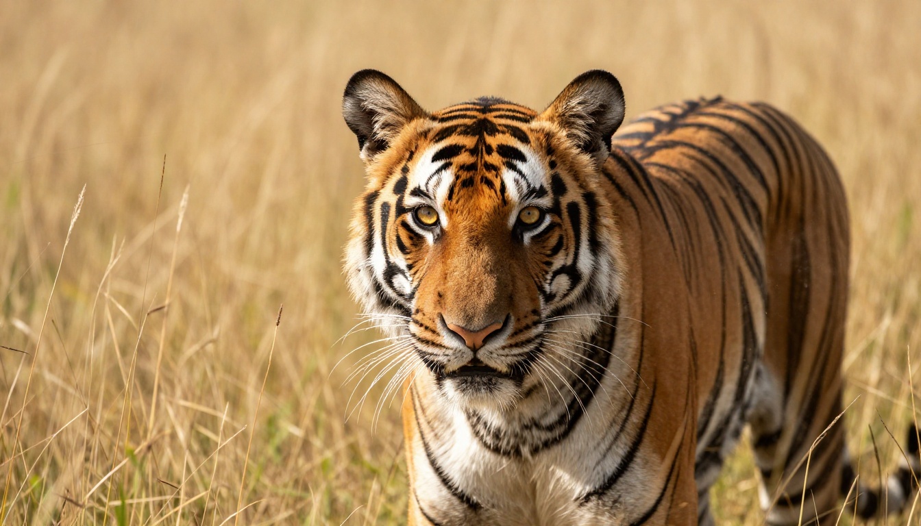 Bengal tiger in golden savanna grass with strand-level fur rendering and anatomically accurate eye detail