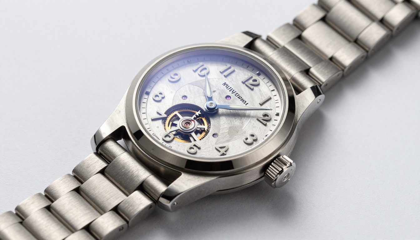 Swiss mechanical watch on slate with precise brushed titanium, sapphire crystal light refraction, and gear detail