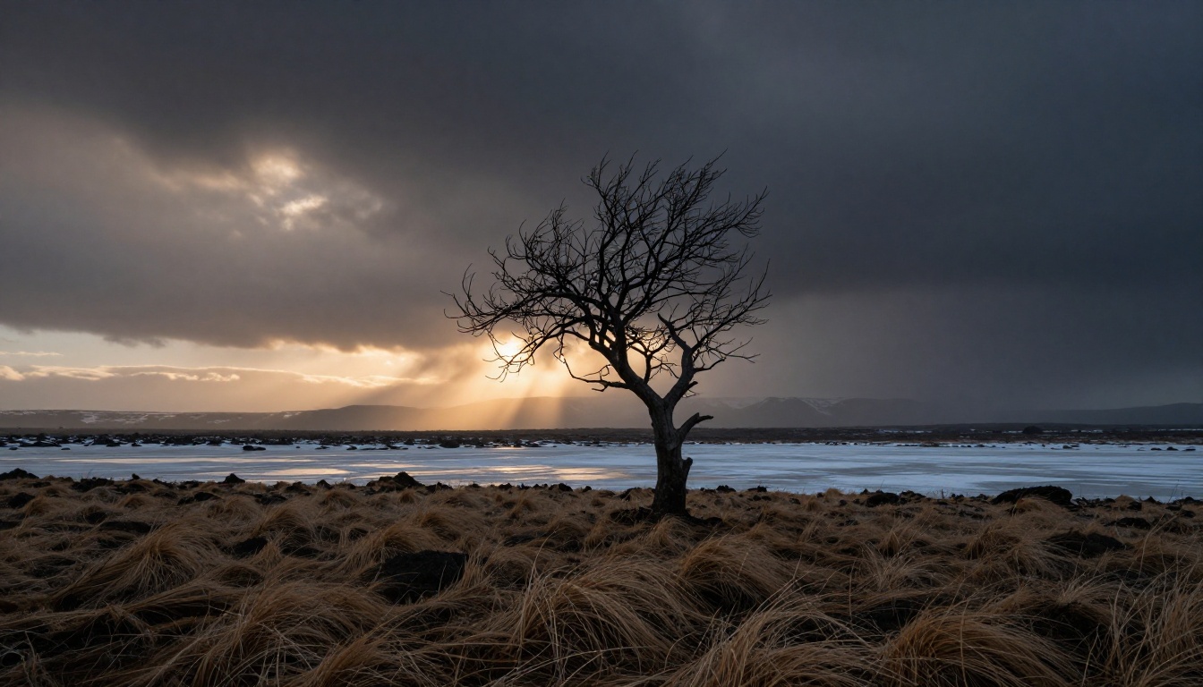 Dramatic Icelandic stormy plain with accurate atmospheric haze, natural luminosity range, and desolate mood