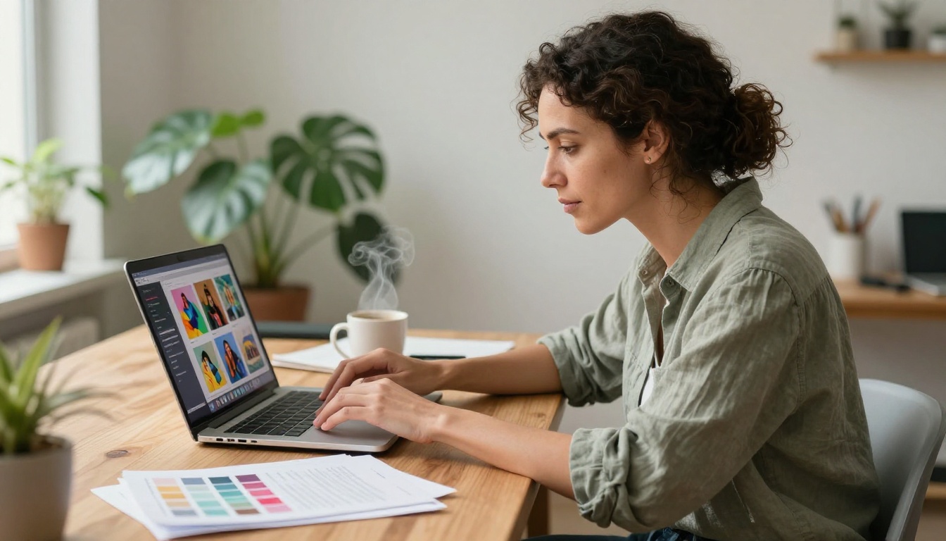 Creative professional reviewing AI-generated images at a natural light studio desk with warm afternoon atmosphere