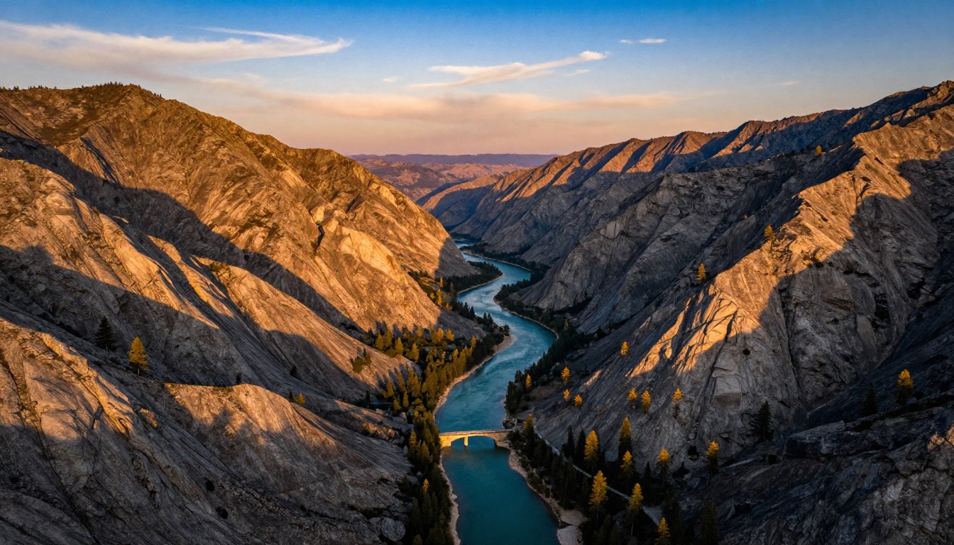 Aerial view of a dramatic mountain valley at golden hour with a turquoise river below, showing Qwen Image's landscape generation depth and realism