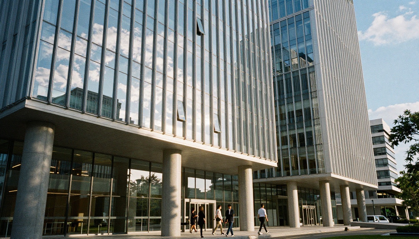 Low-angle architectural shot of a modern tech campus building in China, demonstrating Qwen Image's spatial reasoning capabilities