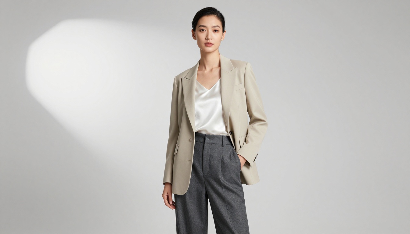 Editorial fashion portrait in a minimalist studio, demonstrating Qwen Image's photorealistic human and clothing texture rendering